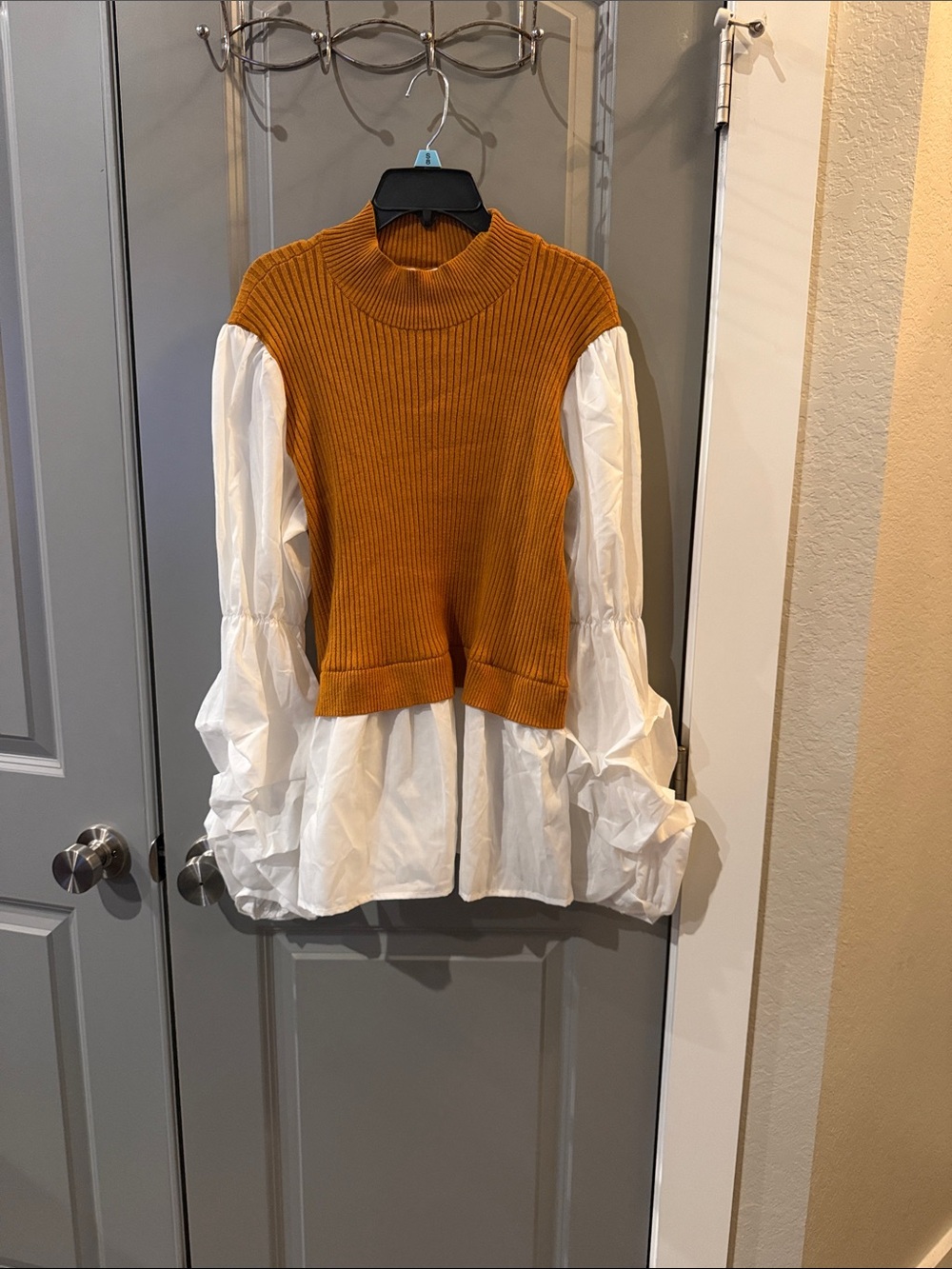 Cato Mustard Knit Vest with White Peplum Blouse Sleeves